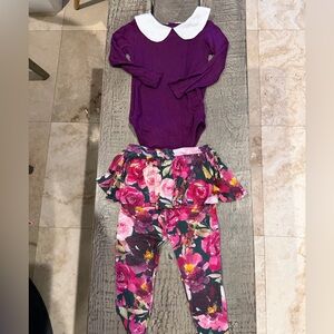 Posh Peanut Pink Floral Skirted Leggings with Purple Bodysuit